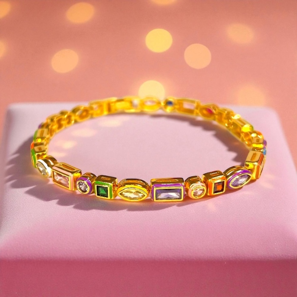 Hand Enameled Rainbow Amethyst, Ruby, Sapphire Bracelet in Gold